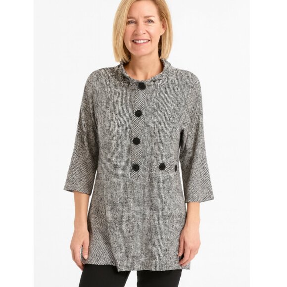 Terra Top Womens Small Black White Grid Button Front 3/4 Sleeve Cotton Rayon - Picture 1 of 6